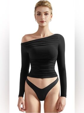 SUUKSESS Women’s Black Off Shoulder Long Sleeve Shirt Double Lined Crop Top